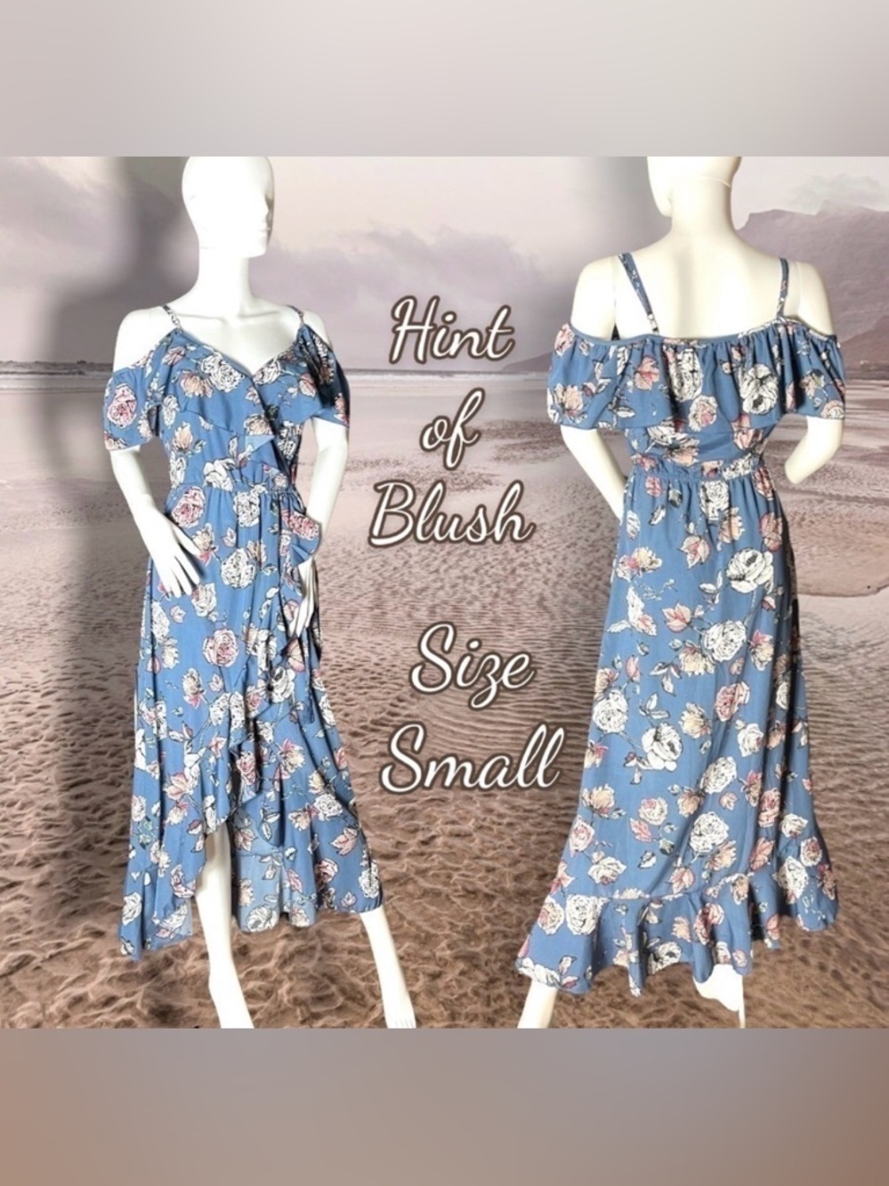 Hint of Blush Roses and Ruffles Cold Shoulder Dress Size Small Blue